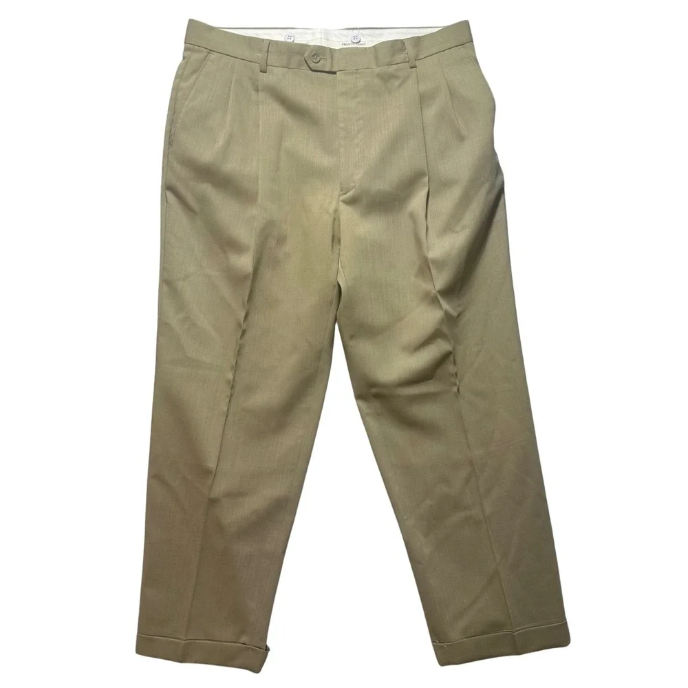Vintage Pronto Uomo Mens Khaki‎ Pleated Cuffed Wool Dress Pants Size 38 Y2K
